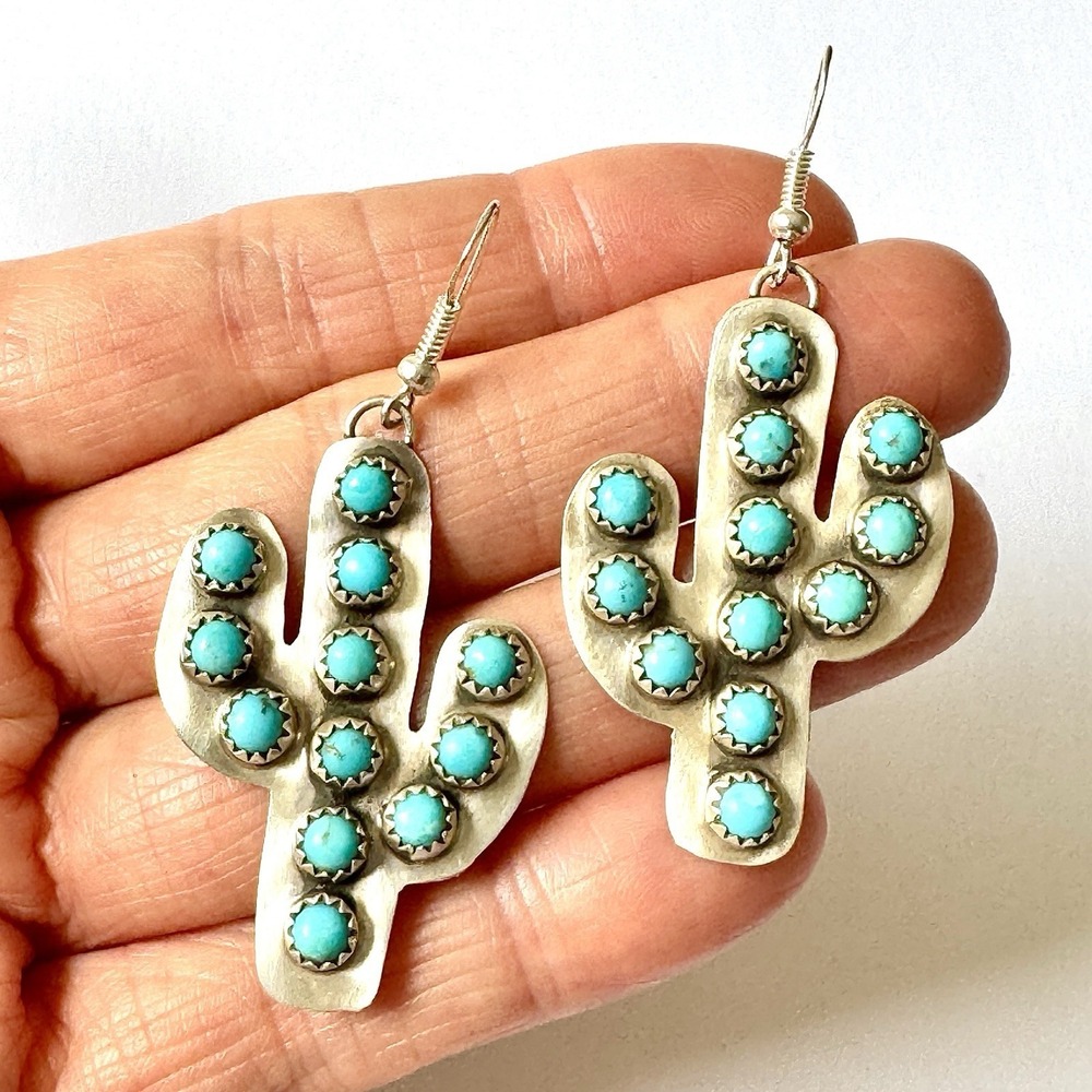 Navajo Saguaro Cactus Earrings Turquoise Signed AD 2.5in Hook Native Sterling